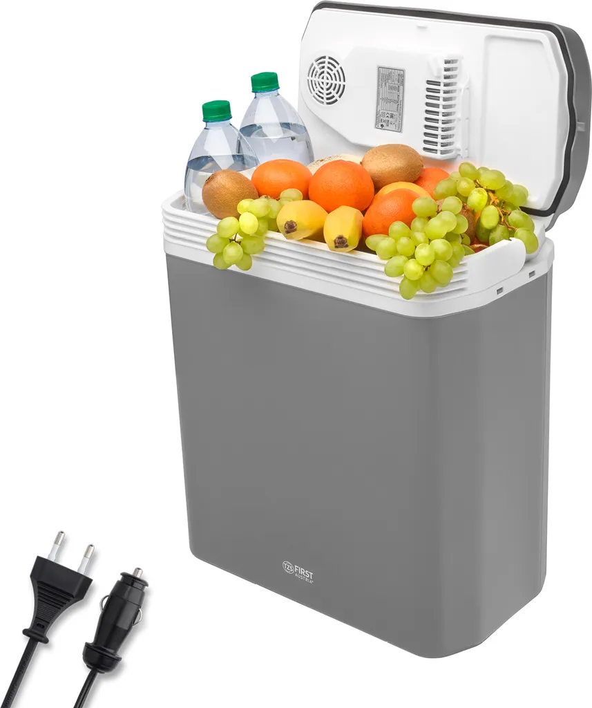 TZS First Austria - 24L Electric Cooler Box, 12V/230V Connection for Car & Wall Outlet - Thermoelectric Cool Box Cools & Warms - Mini Fridge with Wheels - For Camping, Festivals, Travel - Grey