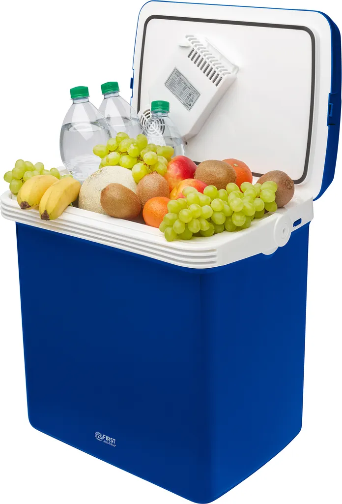TZS First Austria - 32L Electric Cooler Box, 12V/230V Connection for Car & Wall Outlet - Thermoelectric Cool Box Cools & Warms - Mini Fridge with Wheels - For Camping, Festivals, Travel - Blue