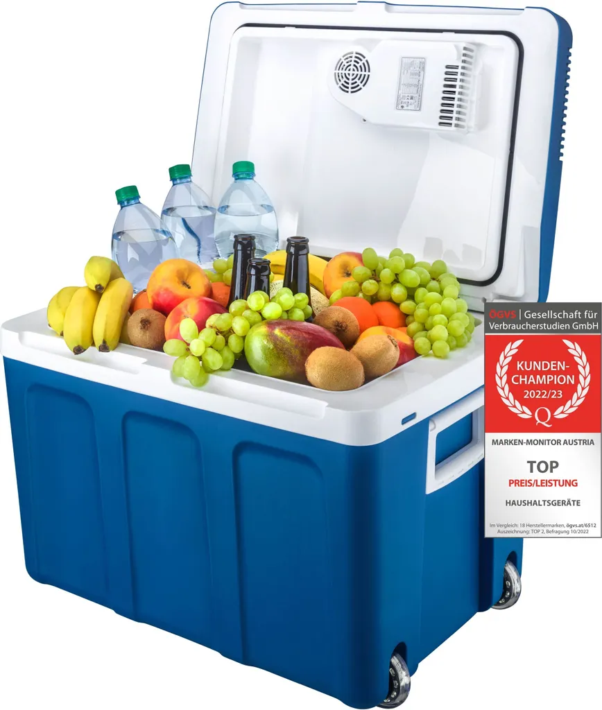 TZS First Austria - 45L Electric Cooler Box, 12V/230V Connection for Car & Wall Outlet - Thermoelectric Cool Box Cools & Warms - Mini Fridge with Wheels - For Camping, Festivals, Travel - Blue