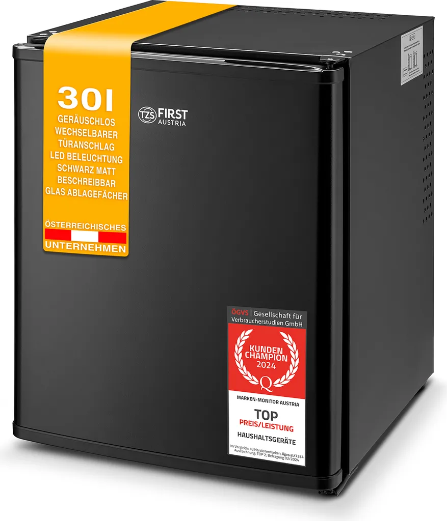 TZS First Austria - 30L Mini Fridge - Completely Silent - Small Mini Fridge, Reversible Door & Interior Light - Minibar for Camping, Office, Bedroom & Hotel - Matte Black