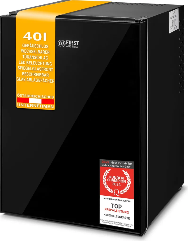 TZS First Austria - 40L Silent Mini Fridge - Small Mini Fridge with Reversible Door Hinge & Interior Light - Minibar for Camping, Office, Bedroom & Hotel - Glass Front