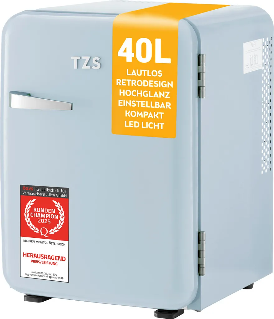 TZS First Austria - Retro Mini Fridge 40L Silent - Small Mini Fridge in Vintage Design with Interior Lighting & 2 Door Compartments - Minibar for Camping, Office, Bedroom & Hotel - Blue
