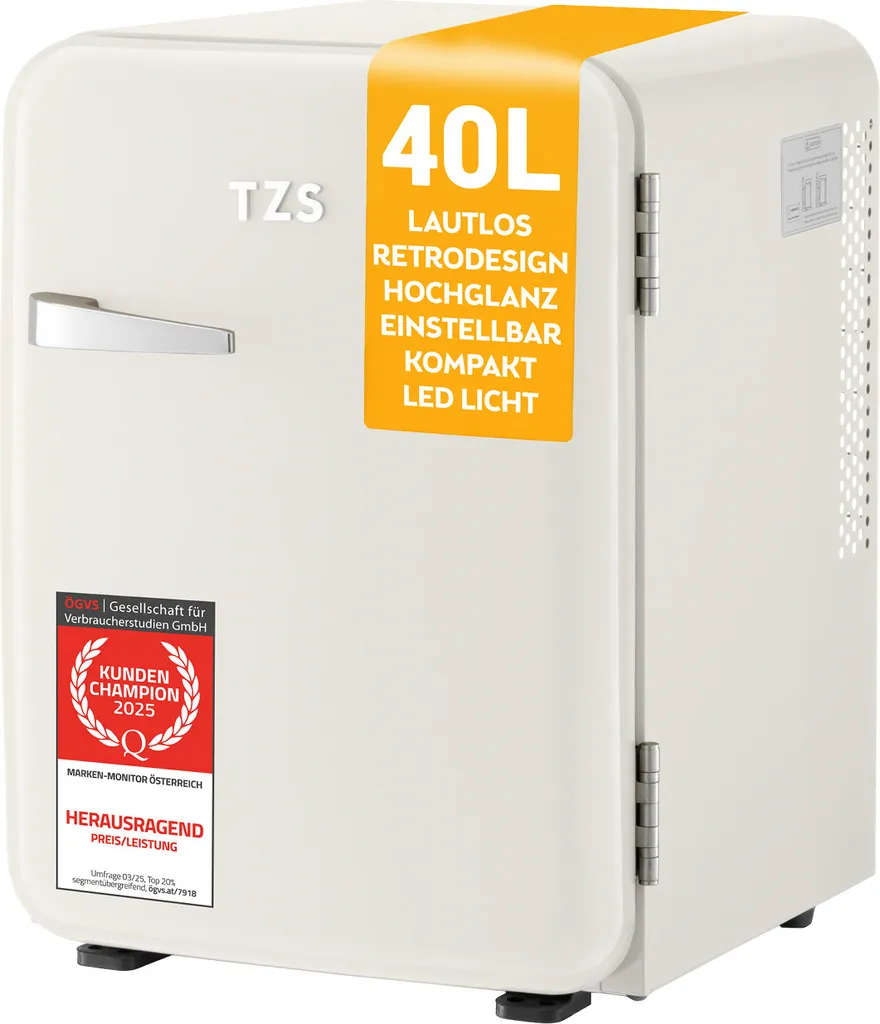 TZS First Austria - Retro Mini Fridge 40L Silent - Small Mini Fridge in Vintage Design with Interior Lighting & 2 Door Compartments - Minibar for Camping, Office, Bedroom & Hotel - Cream Color