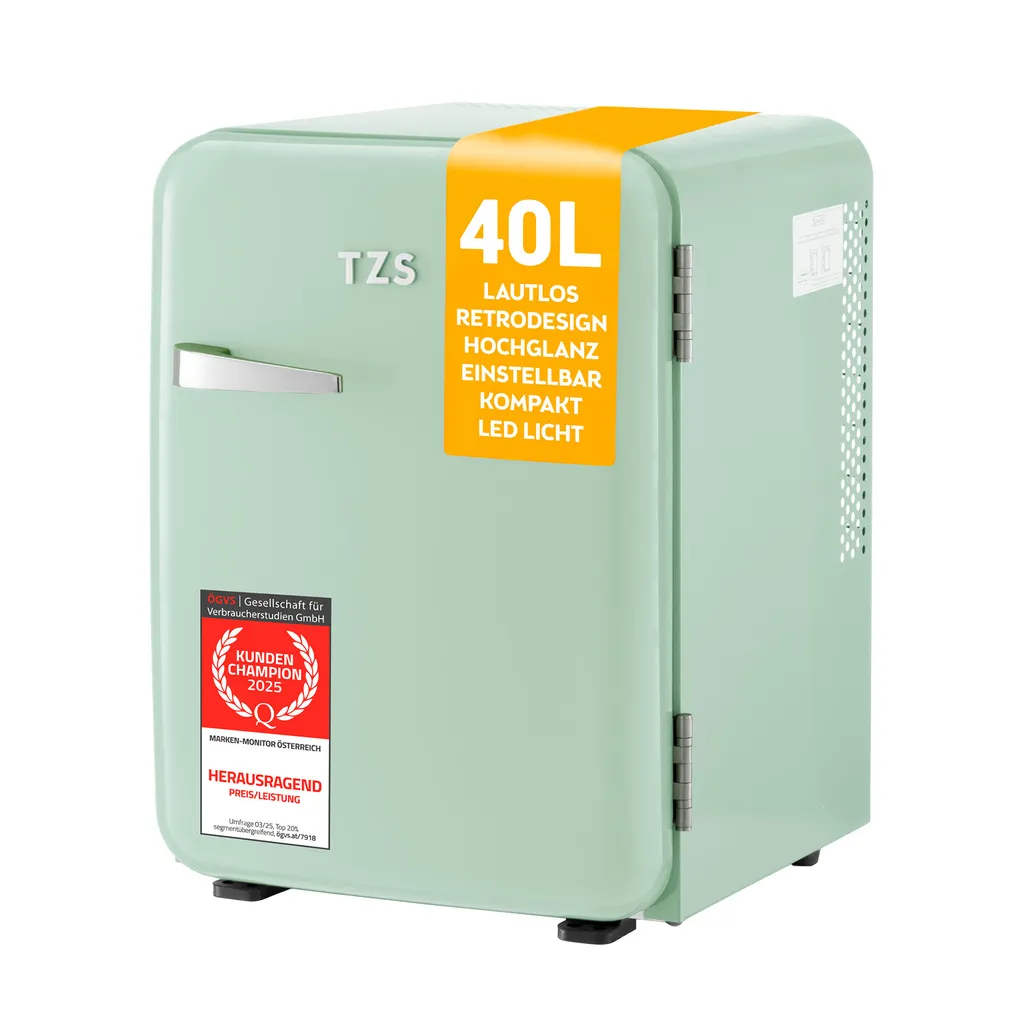 TZS First Austria - Retro Mini Fridge 40L Silent - Small Mini Fridge in Vintage Design with Interior Lighting & 2 Door Compartments - Minibar for Camping, Office, Bedroom & Hotel - Mint