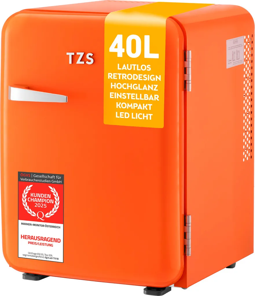 TZS First Austria - Retro Mini Fridge 40L Silent - Small Mini Fridge in Vintage Design with Interior Lighting & 2 Door Compartments - Minibar for Camping, Office, Bedroom & Hotel - Orange