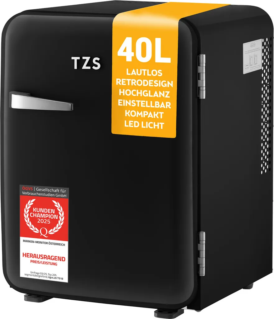 TZS First Austria - Retro Mini Fridge 40L Silent - Vintage Design Minibar with Interior Lighting & 2 Door Compartments - Black