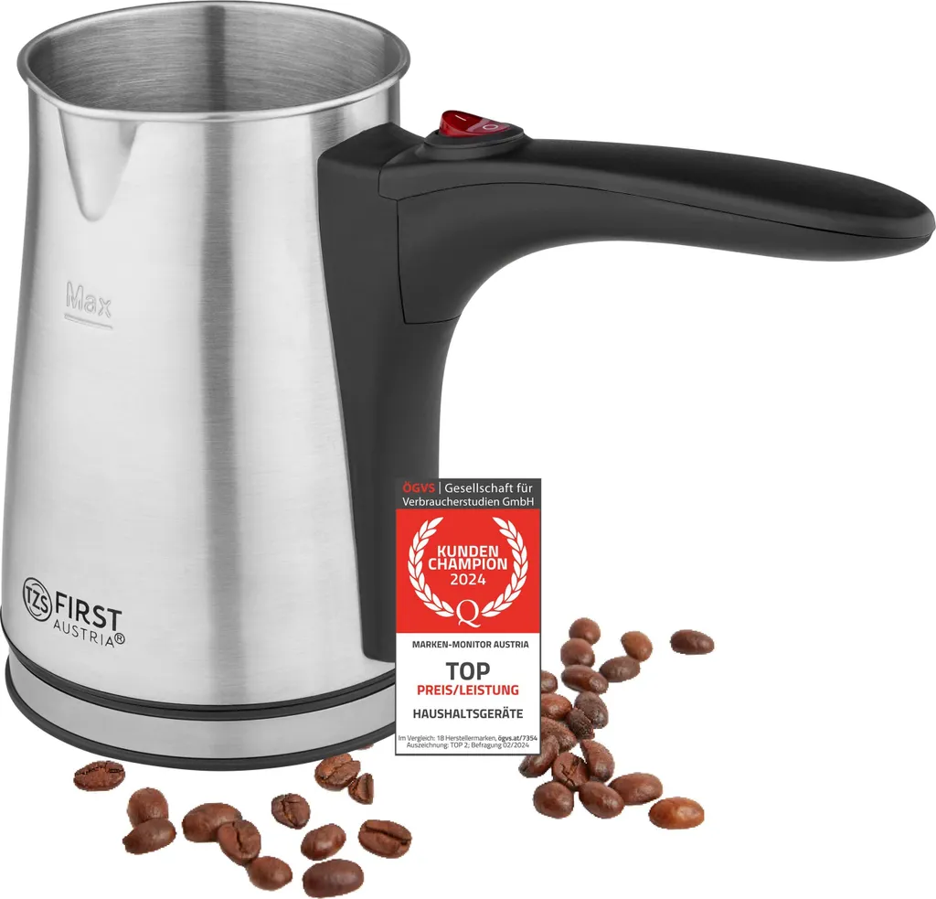 TZS First Austria Turkish Coffee Maker, 350ml, 800W, Espresso Maker, Moka Pot, Stainless Steel, Electric Coffee Maker, Turkish Coffee Machine