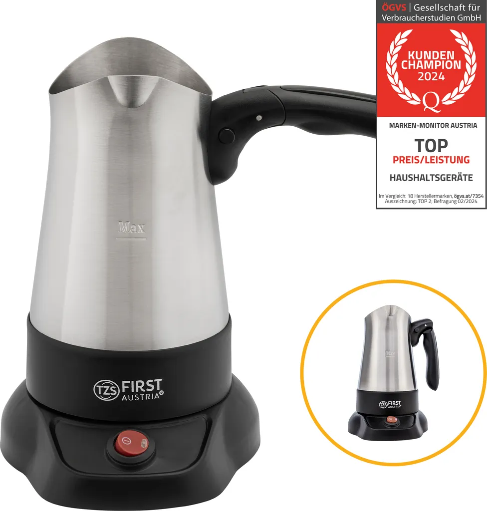 TZS First Austria Turkish Coffee Maker, 350ml, 800W, Espresso Maker, Moka Pot, Stainless Steel, Electric Coffee Maker, Turkish Coffee Machine, with Folding Handle, Black