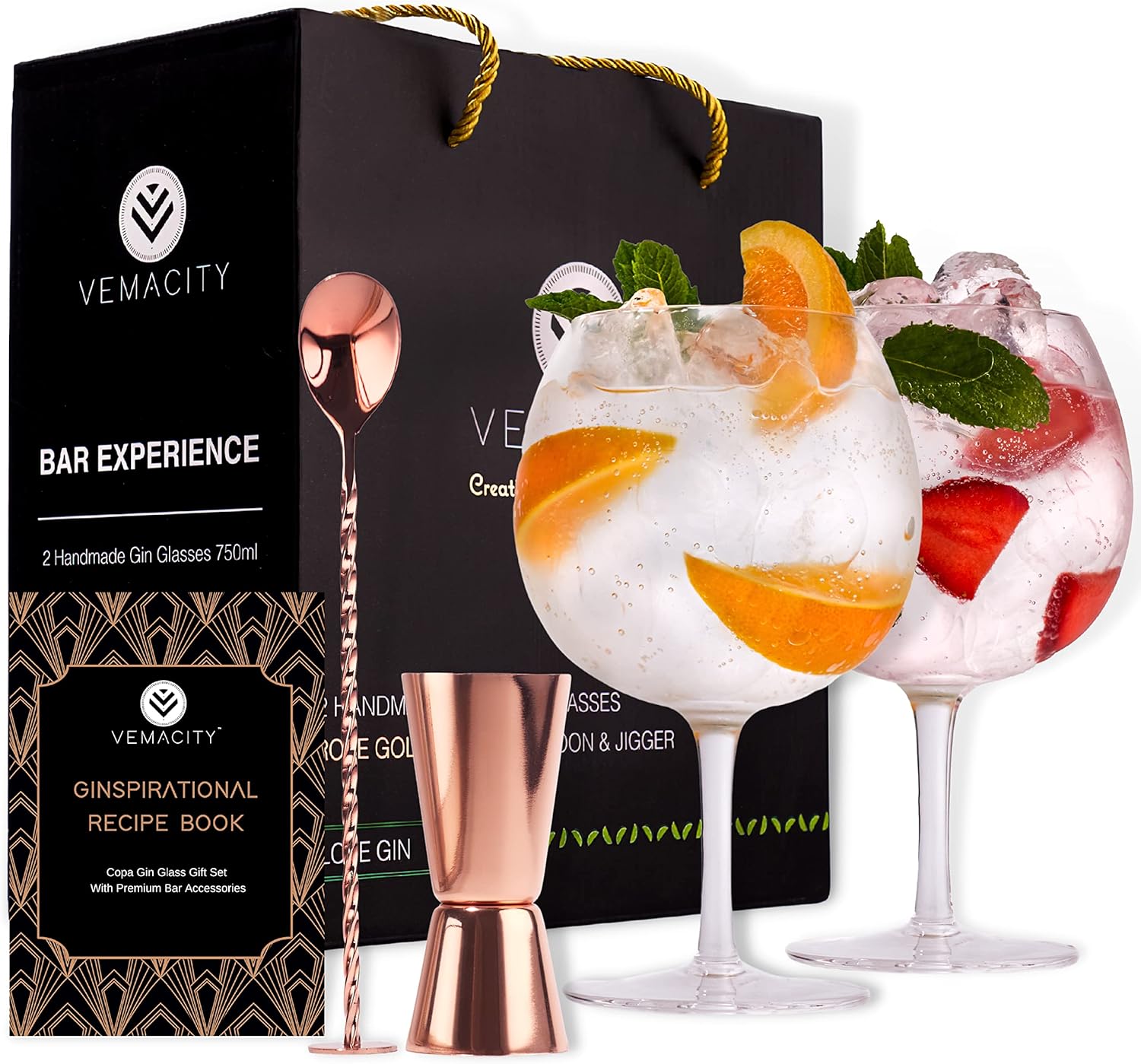 Gin Tonic Glasses Set for Gin Lovers - 2 x Handmade Gin Glasses | Free Recipe E-Book, Rose Gold Bar Spoon, Double Measuring Cup & Large Gin Tonic Glass | Cocktail Glasses | Gin Glass Set