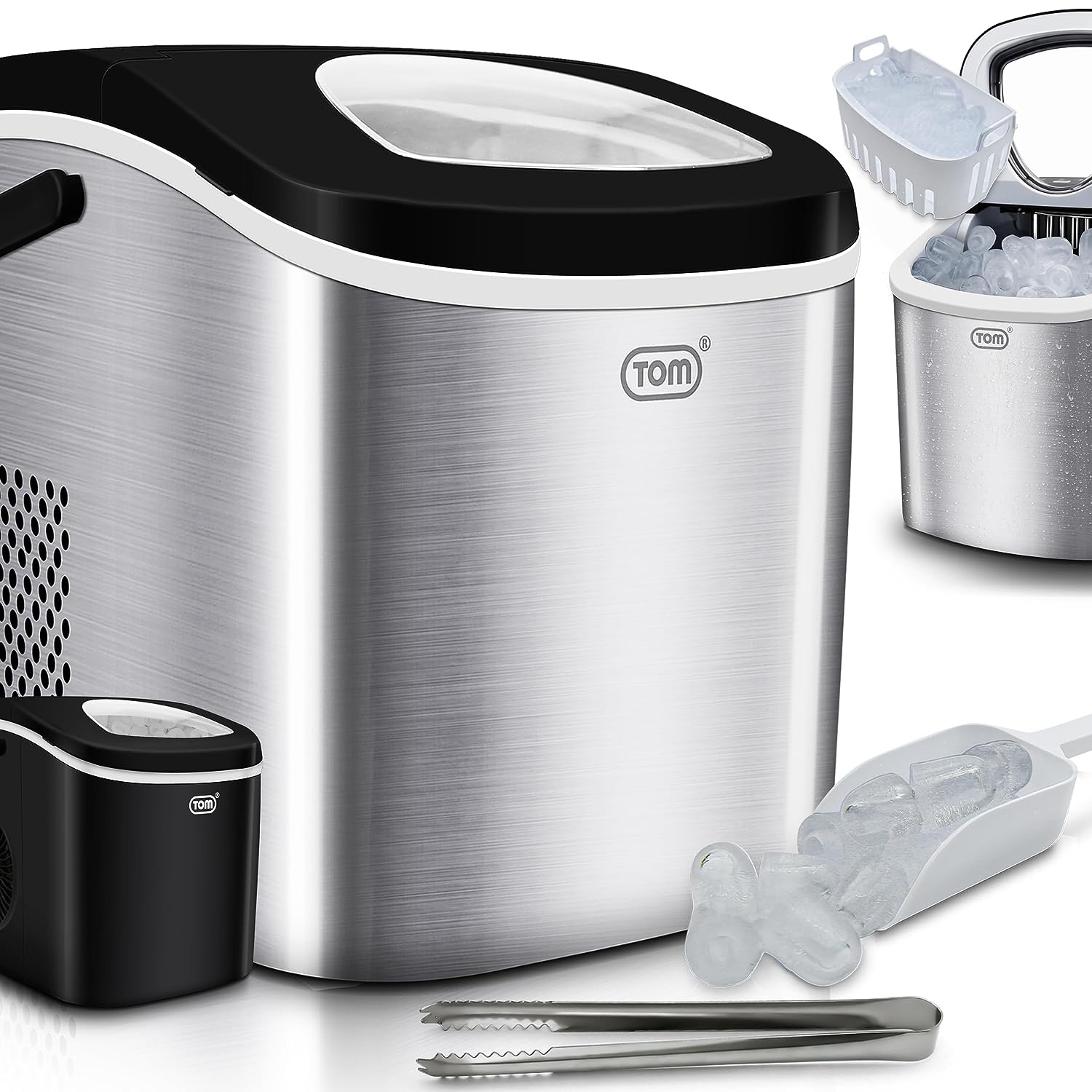 TOM Ice Cube Maker - 9 Ice Cubes in 6-8 Minutes - 12 kg/24 Hours - 2 Cube Sizes - Ice Maker Ice Maker with 1.3 L Water Tank - LED Display - Includes Accessories & Ice Tongs as Gift - Ice Maker