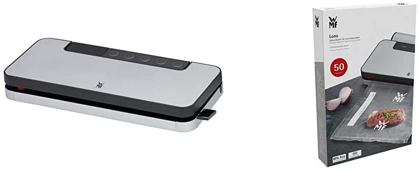 WMF Lono Vacuum Sealer (90 W, with Removable Foil Box, Vacuum Sealer with Foil Roll and 5 Bags) & Lono Vacuum Bags for Vacuum Sealer Pack of 50, 20 x 30 cm, 4 Layer Film, Transparent