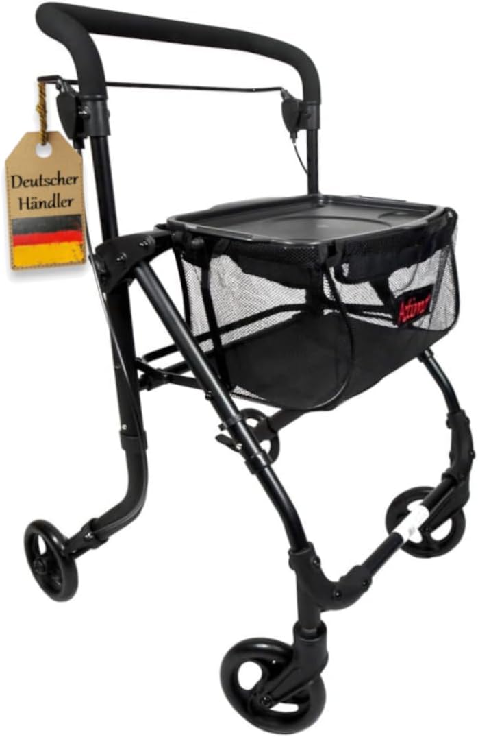 FabaCare ActimoHome Indoor Rollator Slim with Tray, Lightweight Home Rollator, Foldable, up to 100 kg, Black