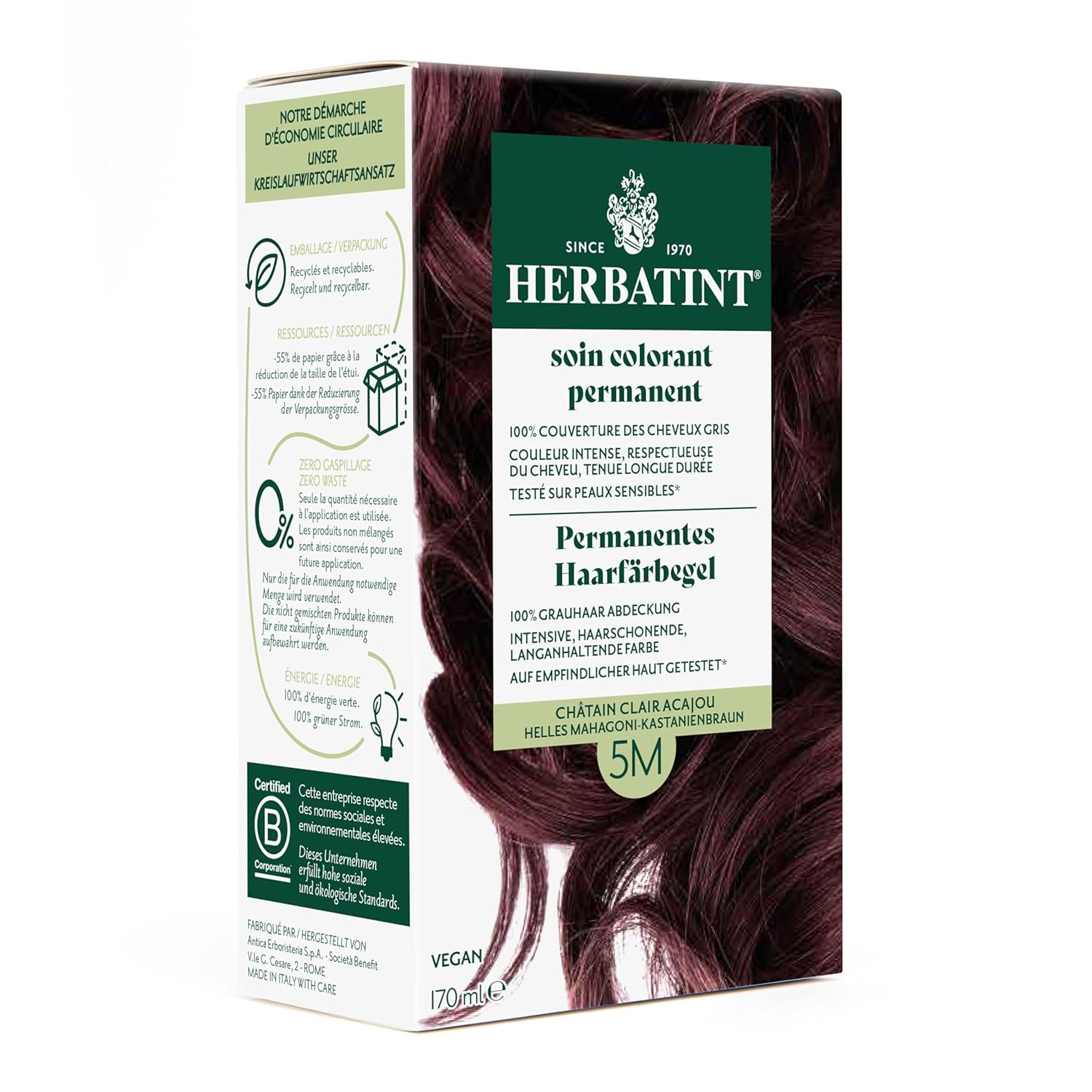Herbatint Permanent Hair Dye Gel, 5 m, Light Mahogany - Chestnut Brown, 170 ml, No Ammonia, Optimal Gray Hair Coverage, Tested for Sensitive Skin, with 8 Plant Extracts