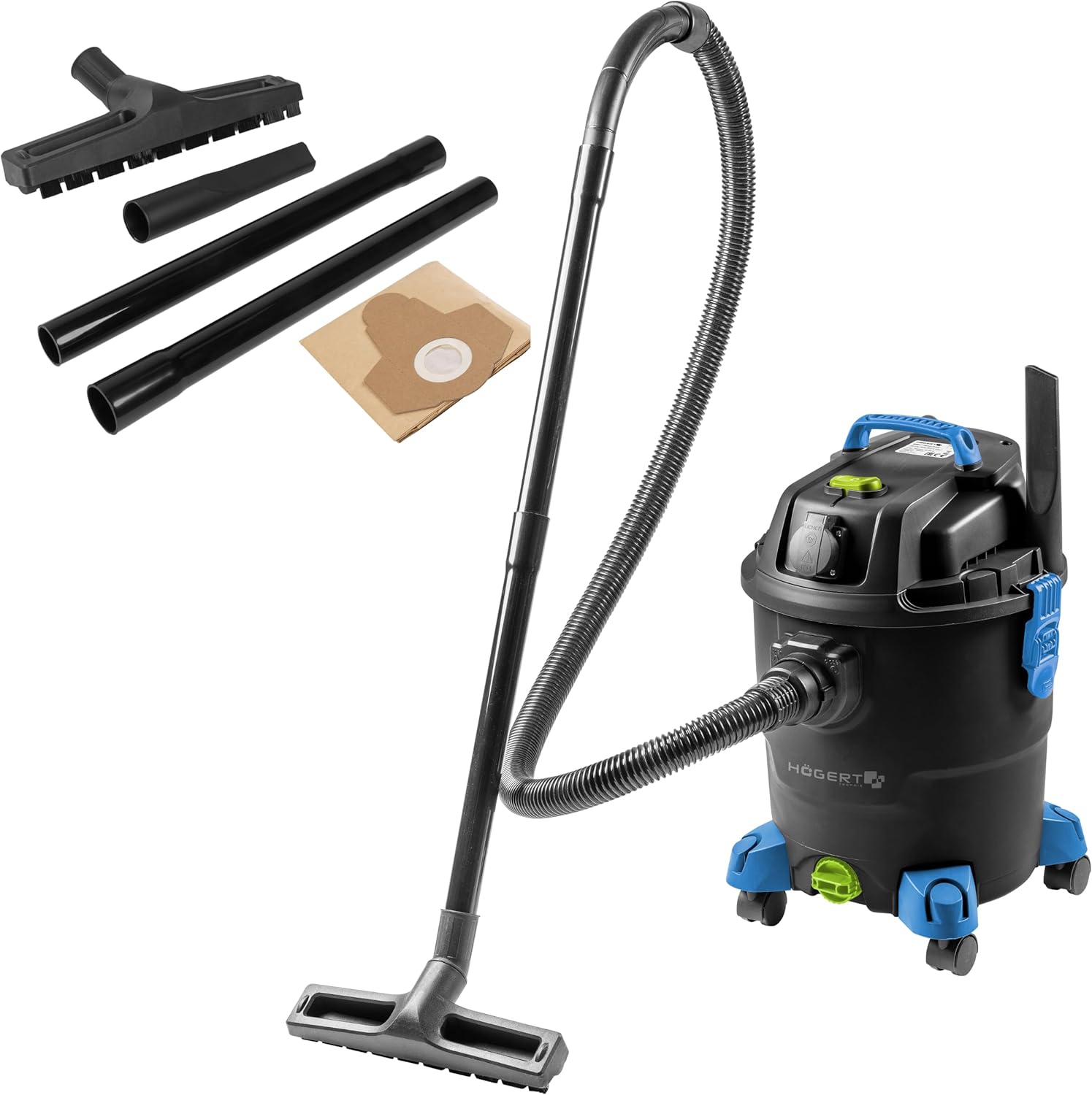 Högert Technik Wet & Dry Vacuum Cleaner 20L 1200W Blow Function Power Tool Socket 4 Swivel Wheels 1.5m Hose 4m Cable Heavy Duty & Mobile