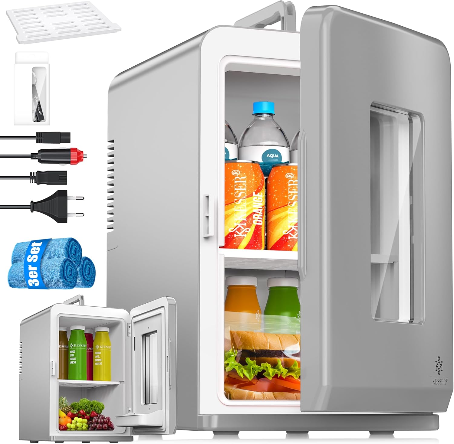 KESSER® 2-in-1 Mini Fridge Cool Box 15 Litres Cooling and Heating Function Portable AC DC 220-240 V/12 V Socket and Cigarette Lighter Warming Box Mini Thermal Box Car Offices Room Camping Garden Grey
