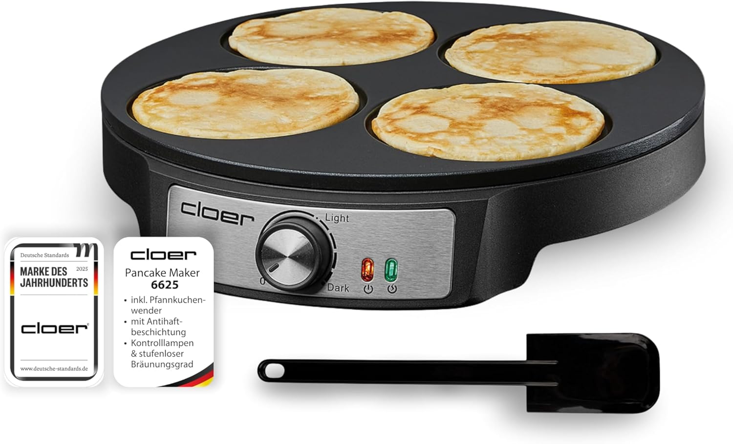 Cloer Store Cloer 6625 Pancake Maker for Four Mini Pancakes with 11 cm Diameter Pancake Turner, Non-Stick Coating, Continuous Temperature Control and Indicator Light, 1200W