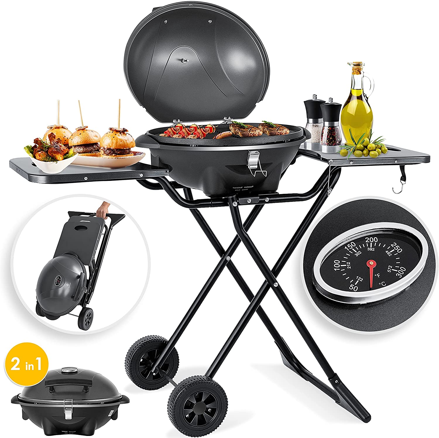 KESSER® Electric Grill 2-in-1 Table Grill with Lid and Stand Max. 2400 Watt Foldable Thermometer Non-Stick Coating Grill Plate Storage Tables 2 Wheels Black