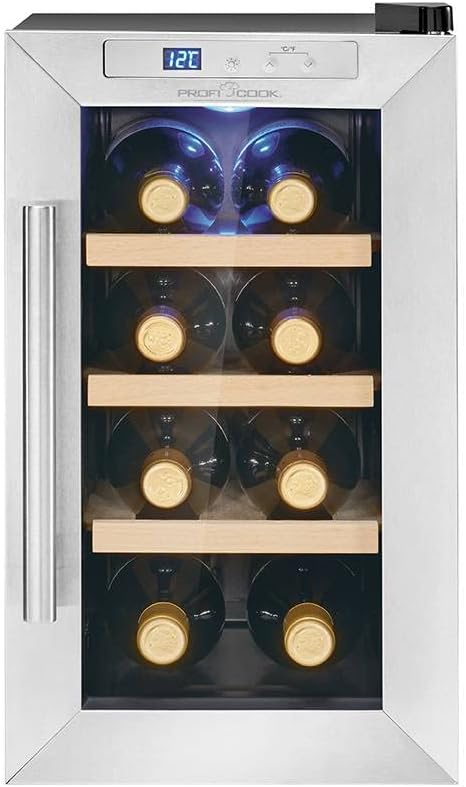 Profi Cook PC-WK 1233 Wine Refrigerator, 8 Bottles, Drinks Refrigerator, UV-Resistant Glass Door, Wine Cooler, LED Lighting, 4 Storage Levels, 3 of which are Removable, 11-18 °C, 11-18 °C