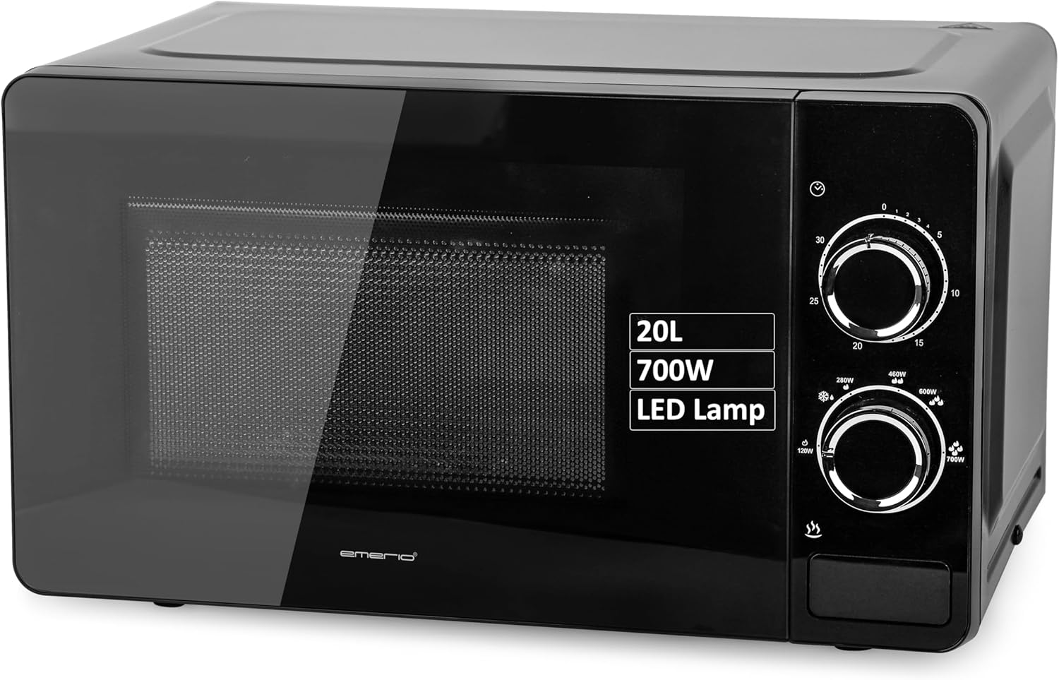 EMERIO MW-131692 Microwave with 6 Power Levels and 700 Watt | 20 L Volume | 30 Min. Timer | Interior Lighting | Defrost/Defrost Function | 360° Glass Turntable