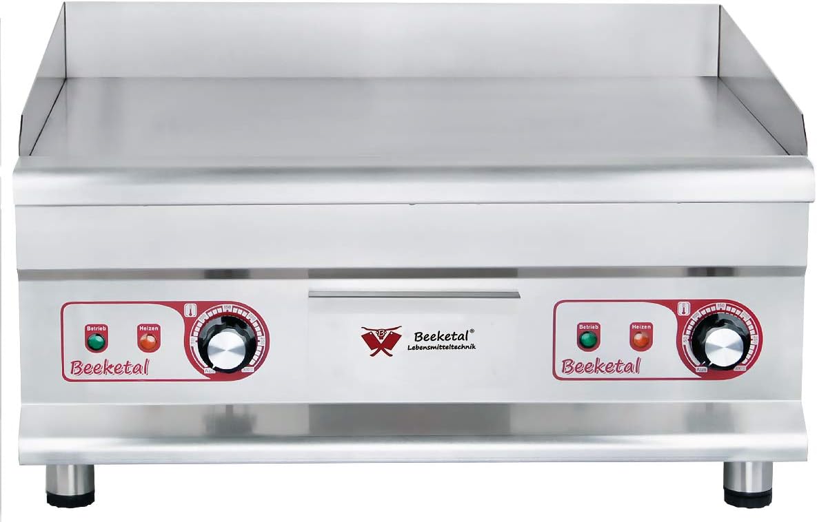 Beeketal professional cast iron grill plates, electric, temperature infinitely adjustable 50-300 °C, stainless steel catering table, electric grill with splash guard and large fat collection container