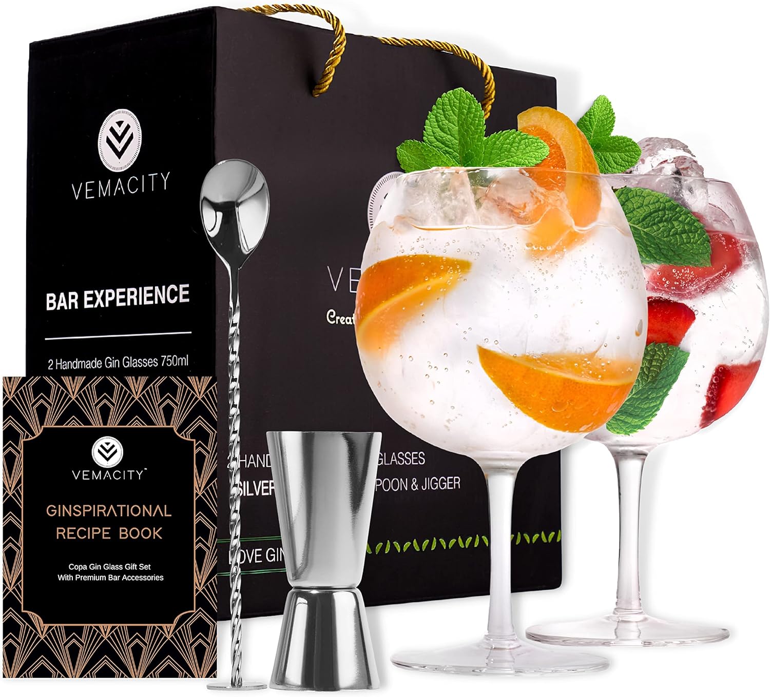 Gin Glasses for Gin Lovers-Set of 2 Handmade G&T Glasses (700ml) | Pro Cocktail Spoon and Double-Sided Jigger with Large Cocktail Glasses in a Gift Box- Authentic Copa Glasses by VEMACITY