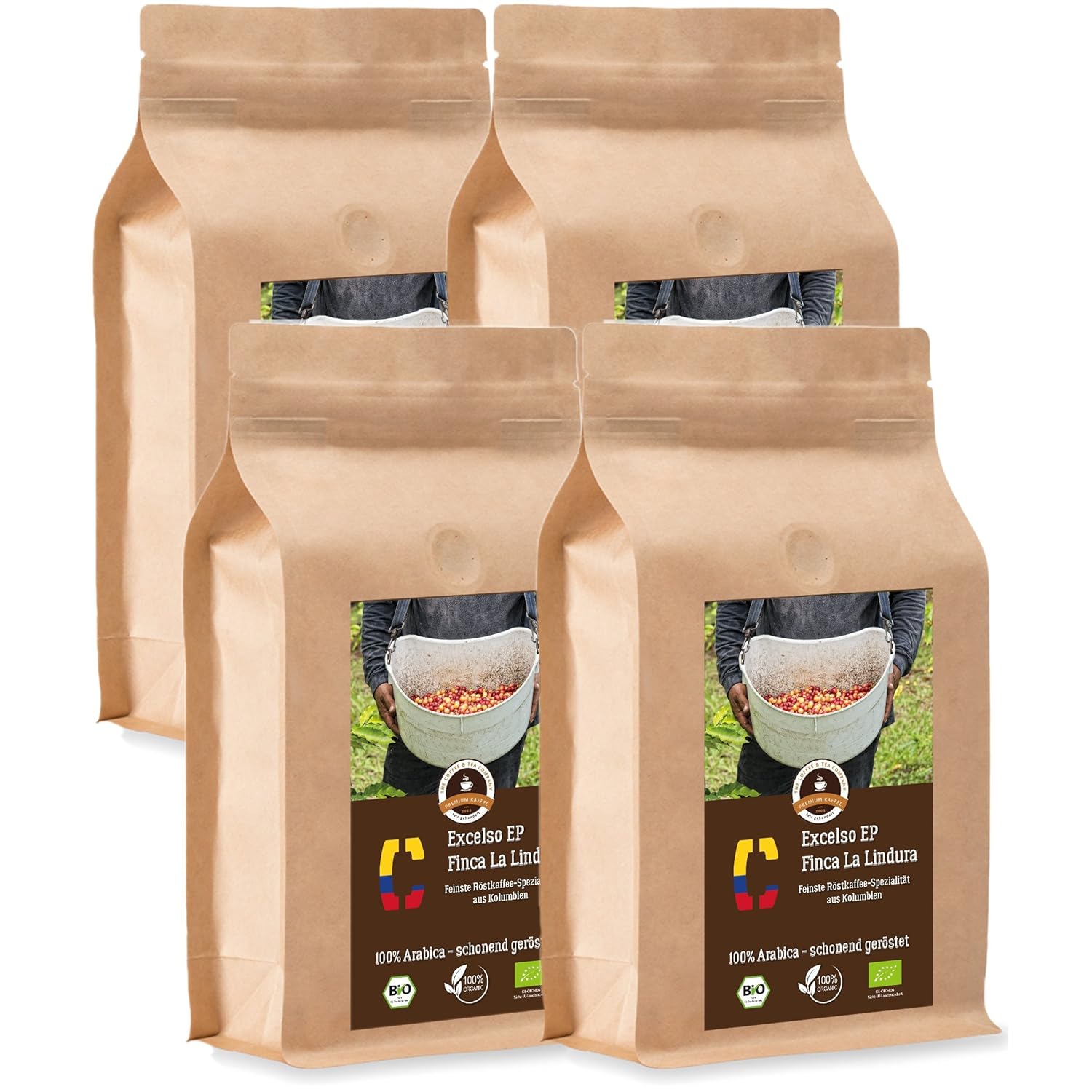 Kaffee Globetrotter Coffee Globetrotter - Colombia Excelso EP Finca la Lindura - Organic - 4 x 1000 g Medium Ground - for Fully Automatic Coffee Grinder - Roasted Coffee from Organic Cultivation | Gastropack Economy Pack