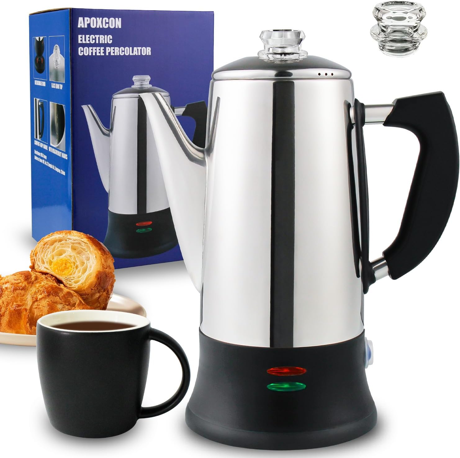 APOXCON Electric Coffee Percolator for 12 Cups - CE Certified, Classic Coffee Container with Heat Resistant Glass Knob & Quick Brew System | Wireless servers