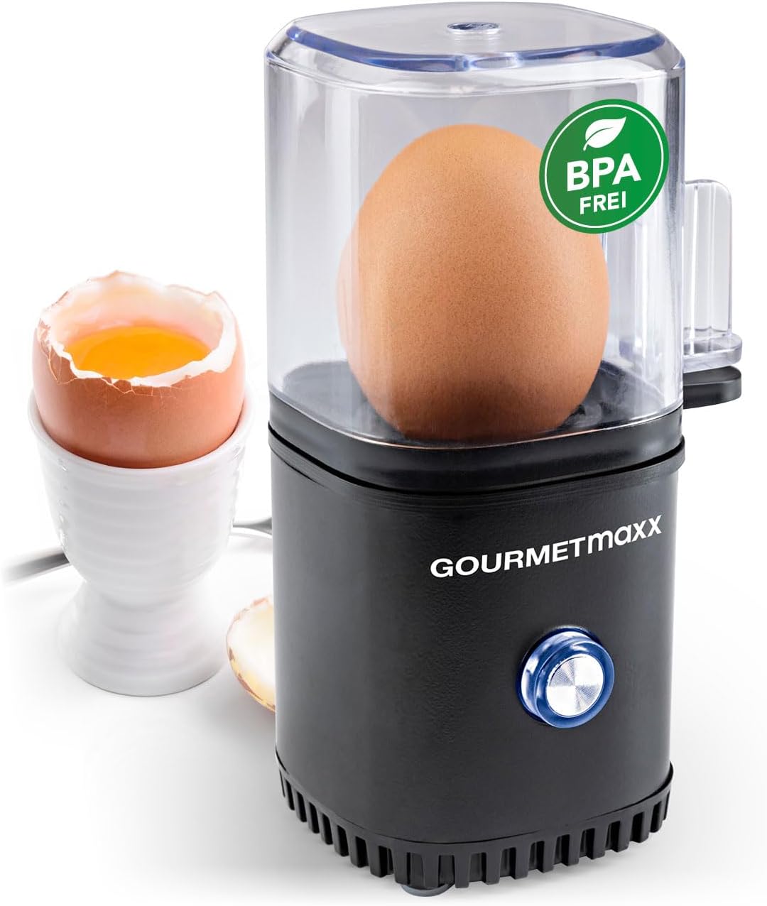 GOURMETmaxx Egg Cooker for 1 Egg | Egg Boiler with Egg Cutter in Measuring Cup | Egg Cooker - 3 Hardness Levels for Your Egg Cup | Small Egg Cooker Design - Dishwasher Safe Parts