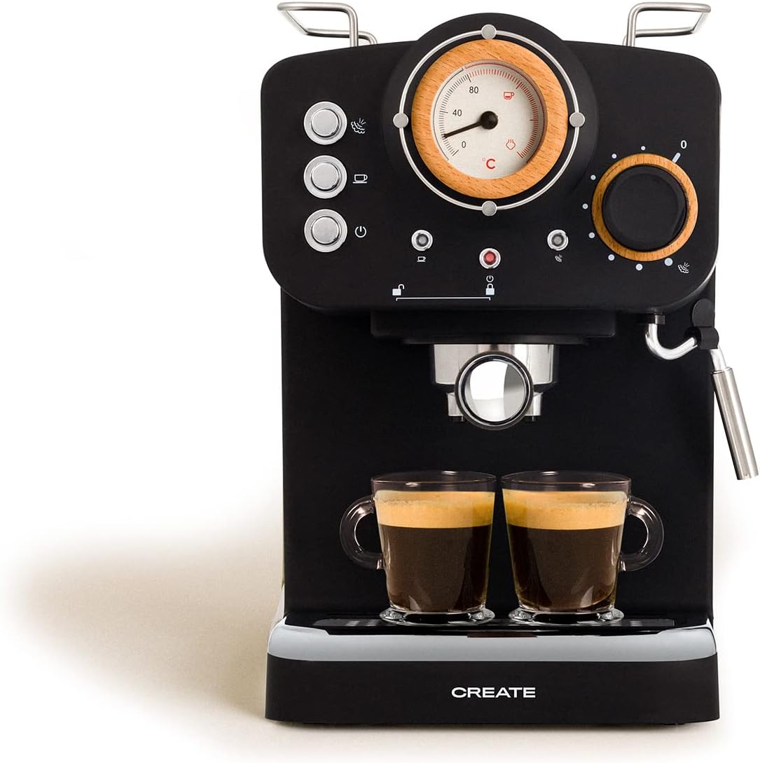 CREATE Thera Retro Semi-Automatic Espresso Machine, Matte Black and Wood, 20 Bar Pressure Pump, 1100 W, 1.25 L Water Container, for Ground Coffee, 55 mm ESE Pads, with Steamer, 1100 W