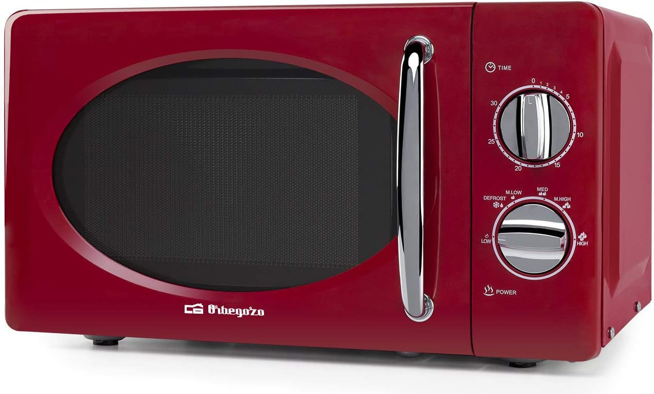 Orbegozo MI2020 Microwave with 20 Liter Capacity, 6 Power Levels, Timer up to 30 Minutes, Vintage Design, 700 W, Steel, Red