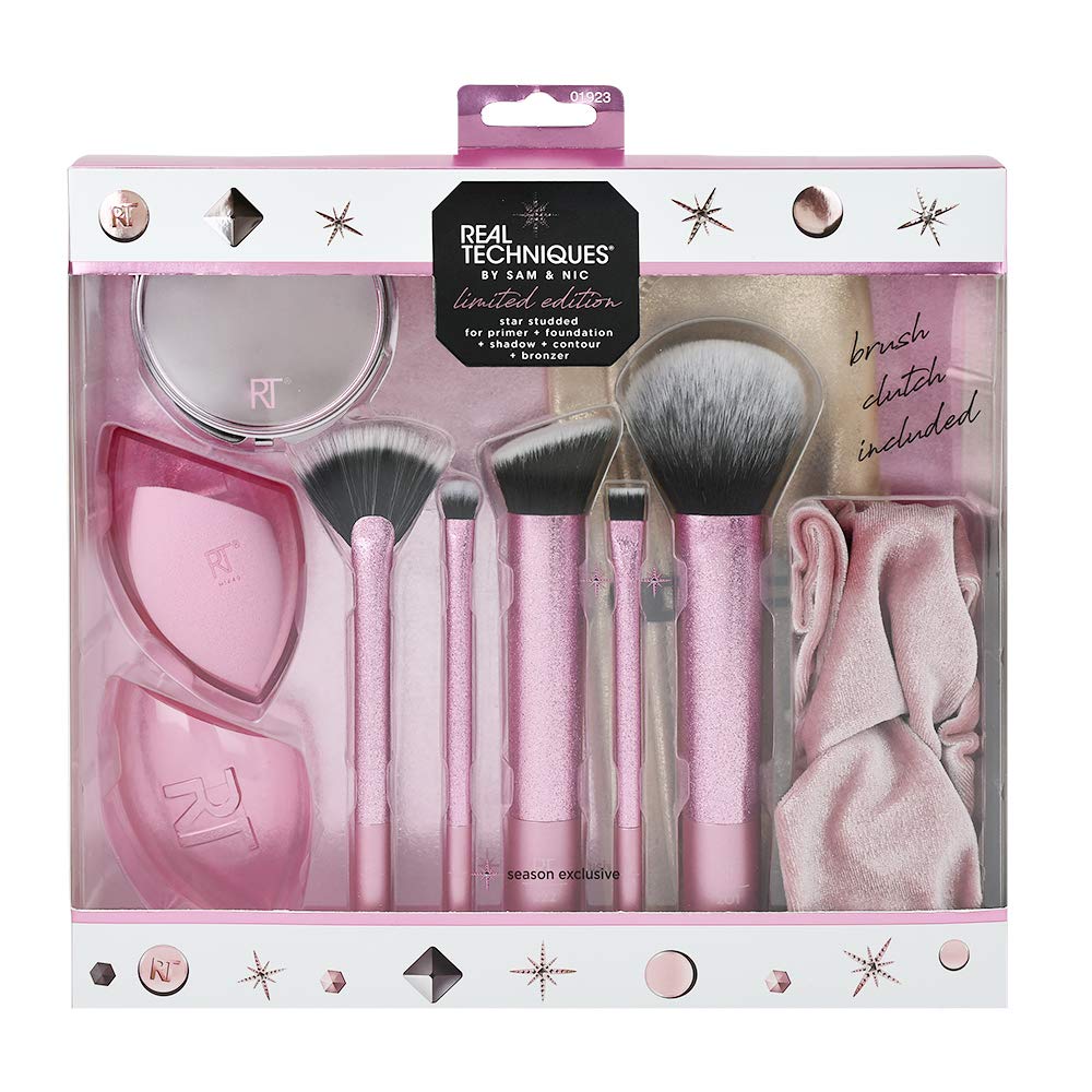 Real Techniques Limited Edition Star Pink Makeup Brush Set with Clutch Headband and Compact Mirror, ‎rose