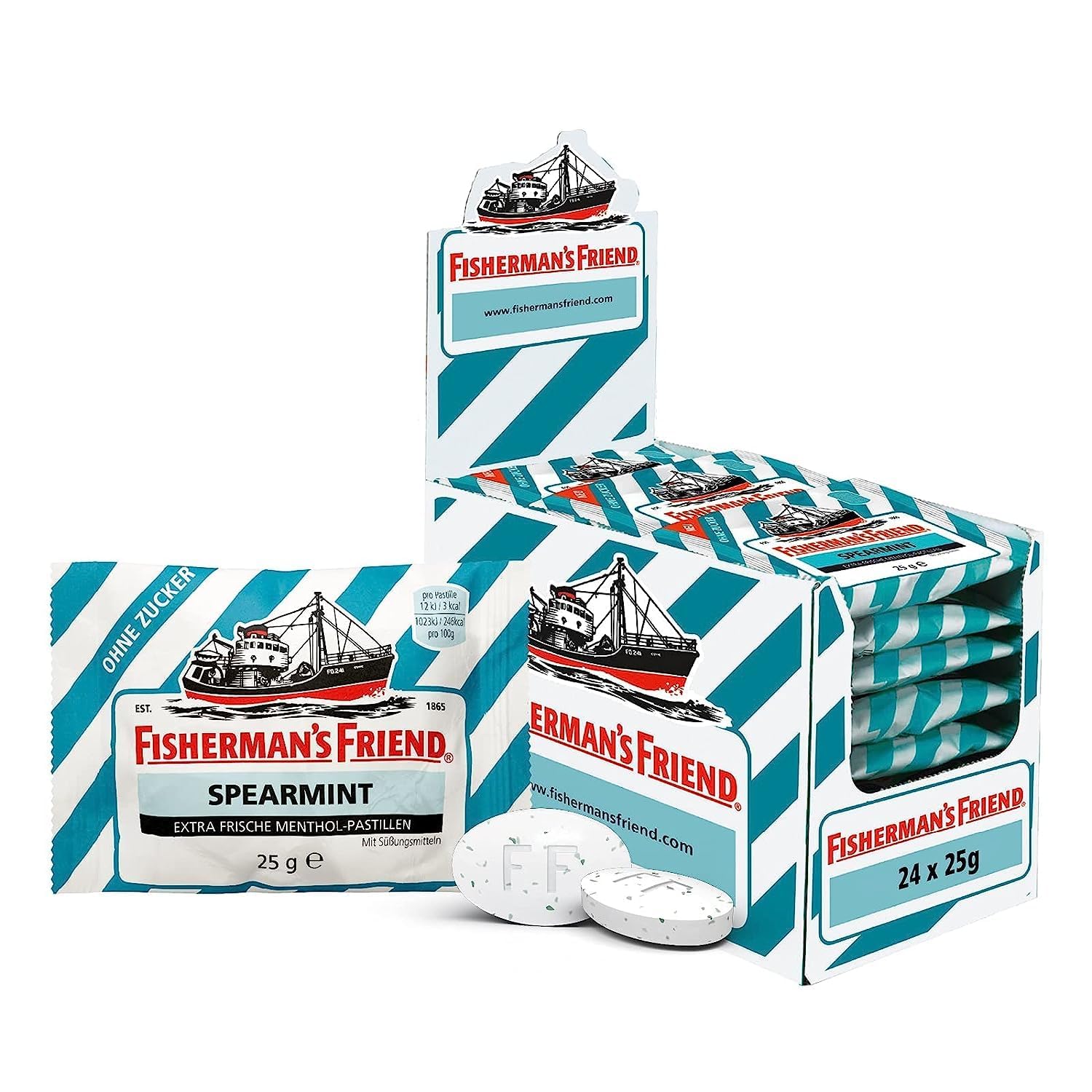 Fisherman\'s Friend Spearmint, 24 Storage Boxes, Spearmint and Menthol Flavor, Sugar-Free & Vegan, Sweets for Fresh Breath, 24 x 25 g