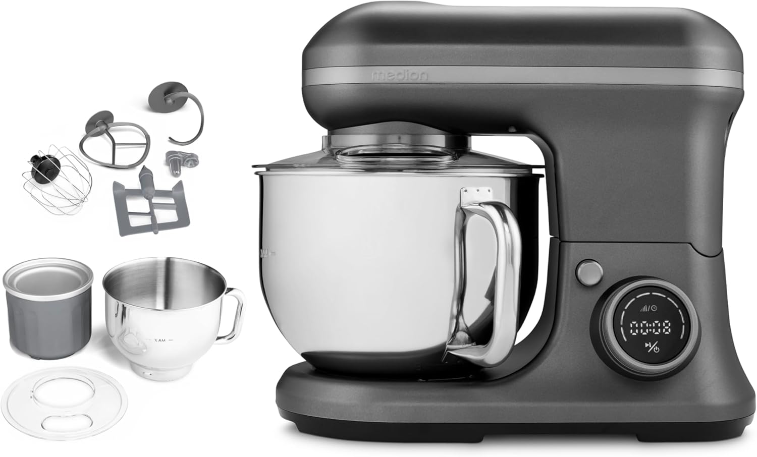 MEDION MD18420 Food Processor (5 Litre Stainless Steel Bowl, 1,200 Watt, Ice Bowl for Preparing Ice, Mixing Kneading, Stirring, Digital Display, Kneading Machine, Dough Machine) Titanium