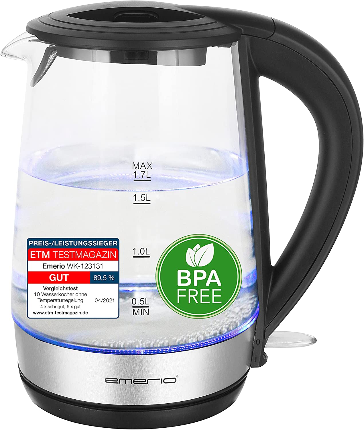 EMERIO WK-123131 Cordless Kettle, BPA-Free, Stainless Steel, Black, 2200 W