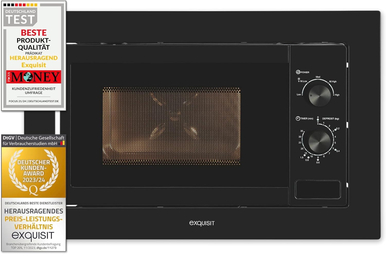 Exquisit Built-in Microwave EMW10-020 Black, 800 W Power, Easy to Use, Easy Installation, Timer, Turntable 27 cm, Microwave 60 cm, Built-in Device, Black