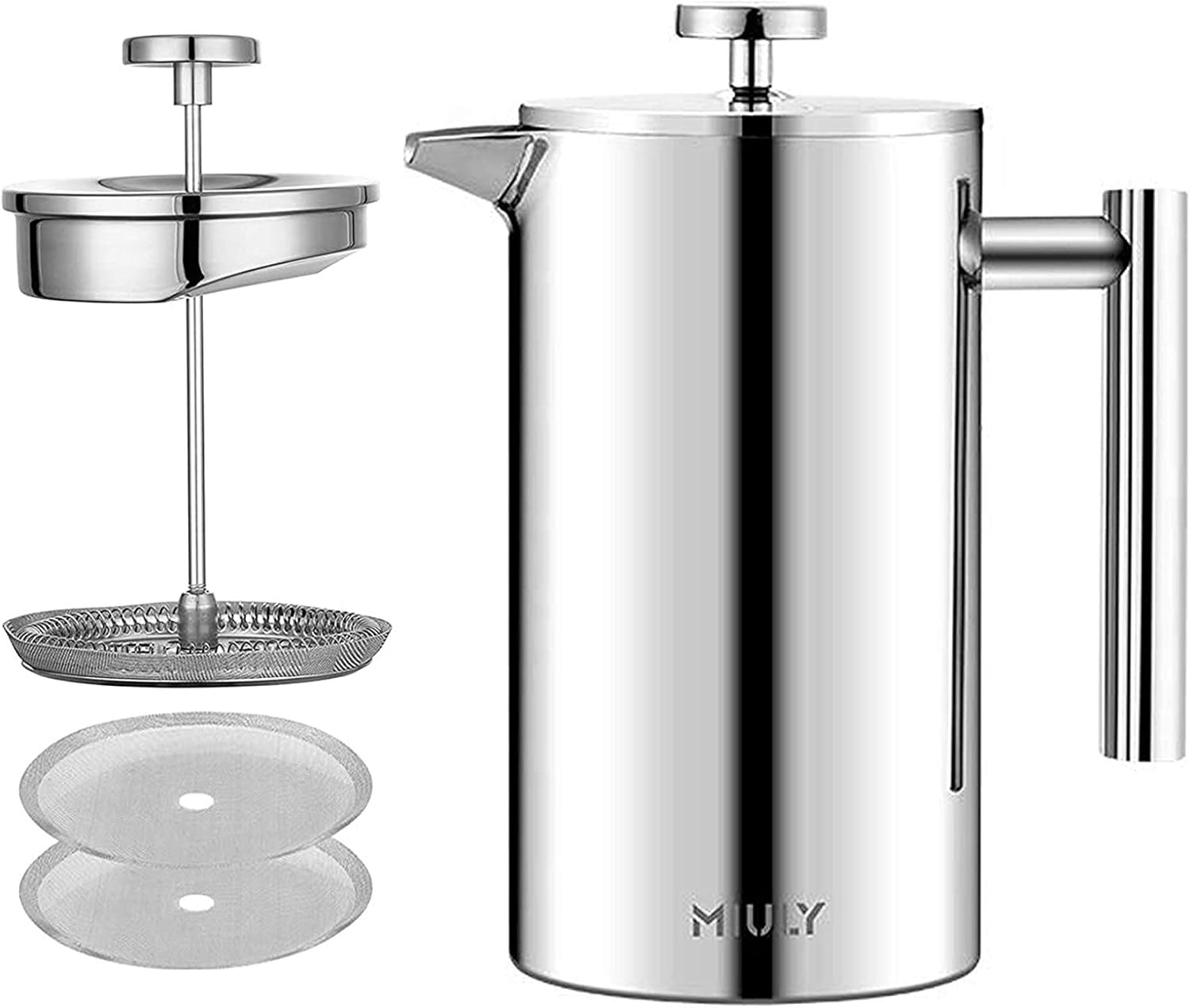 French Press Coffee Maker 0.35 Liter Small Coffee Maker Double-Walled Stainless Steel French Coffee Press with 2 Extra Strainers, Silver 350 ml (2 Cups)