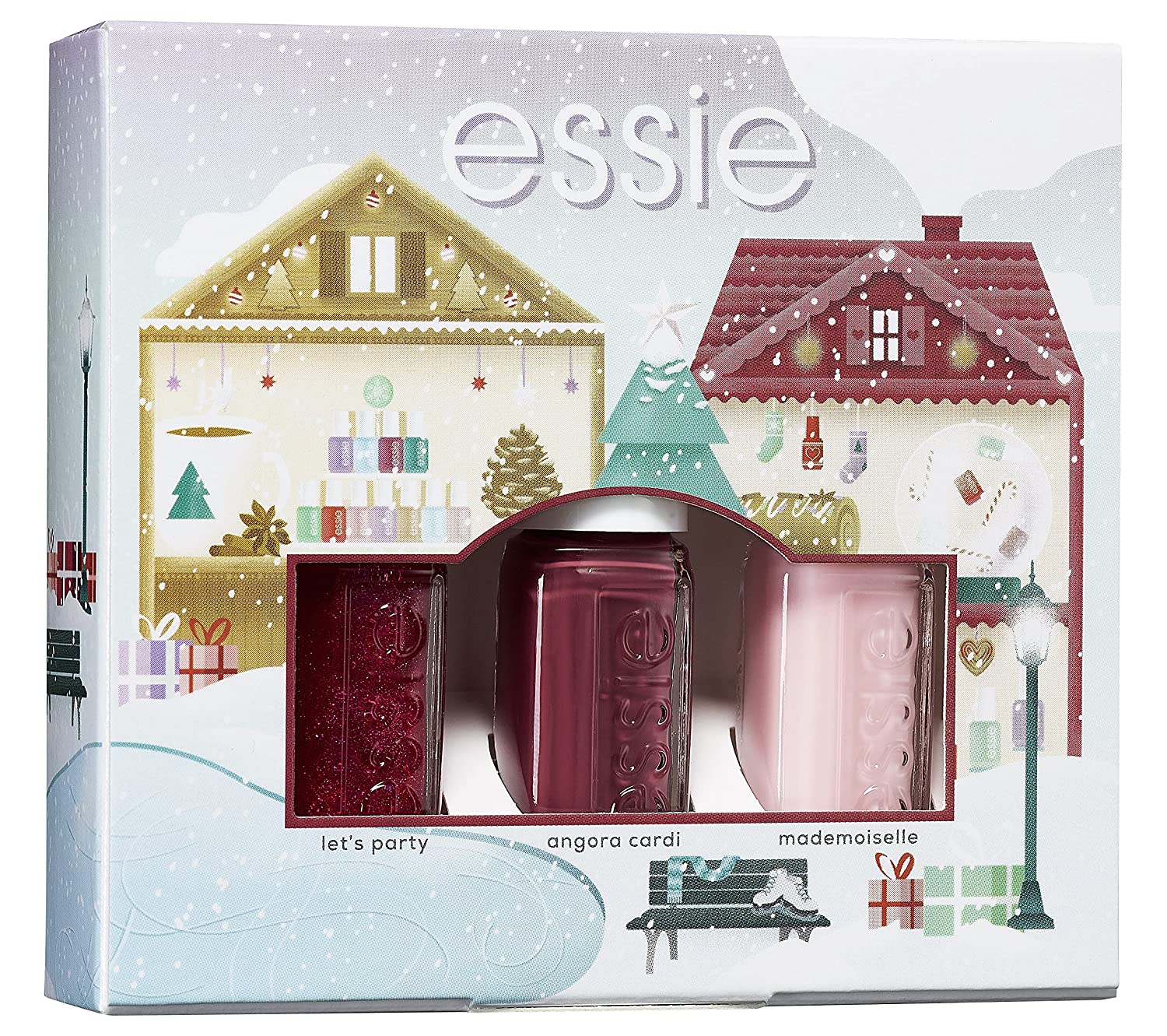 essie Nagellack Geschenkset für Weihnachten \"Mini Trio\" in klassischen Farben, Mit Farblack für farbintensive Fingernägel, angora cardi + mademoiselle + lets party, 3 x 5 ml, trio kit ‎mini