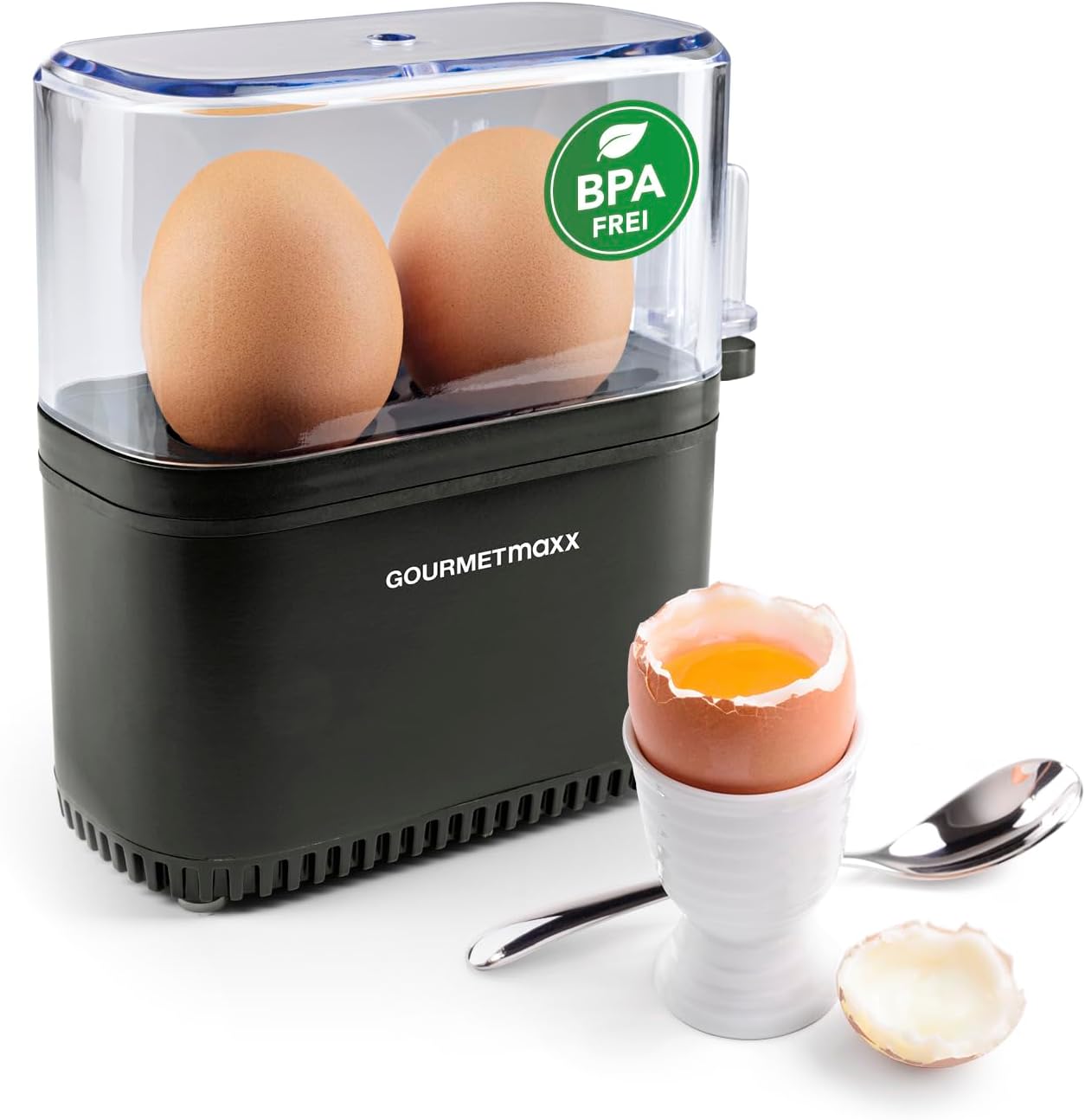 GOURMETmaxx Design Egg Cooker for 2 Eggs, Compact Egg Boiler, Egg Cooker with Egg Cutter, Measuring Cup and Beep, 3 Hardness Levels, Easy to Clean and Dishwasher Safe Parts