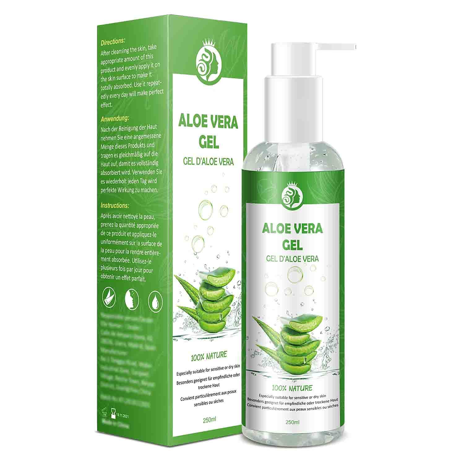 CUSMAY Aloe Vera Gel 100% Pure - für Gesicht Haare Körper - Natürliche, beruhigende und pflegende Feuchtigkeitscreme After Sun - Ideal Naturkosmetik für trockene, strapazierte Haut & Sonnenbrand - 250ml, ‎weiß+grün