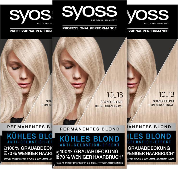 Syoss Color Coloration, 10_13 Scandi Blonde Level 3 (3 x 115 ml), Hair Color with Anti-Yellow Tint Effect for Cool Blonde, 70% Less Hair Breakage*