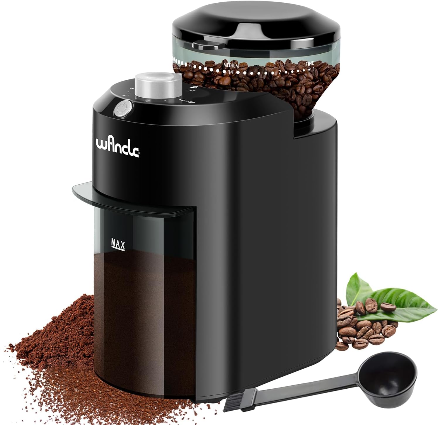 Wancle Electric Coffee Grinder - Adjustable Disc Grinder Coffee Grinder for Coffee Beans with 28 Precise Grinding Levels - Perfect for 12 Cups (Plastic, Black + Silver)