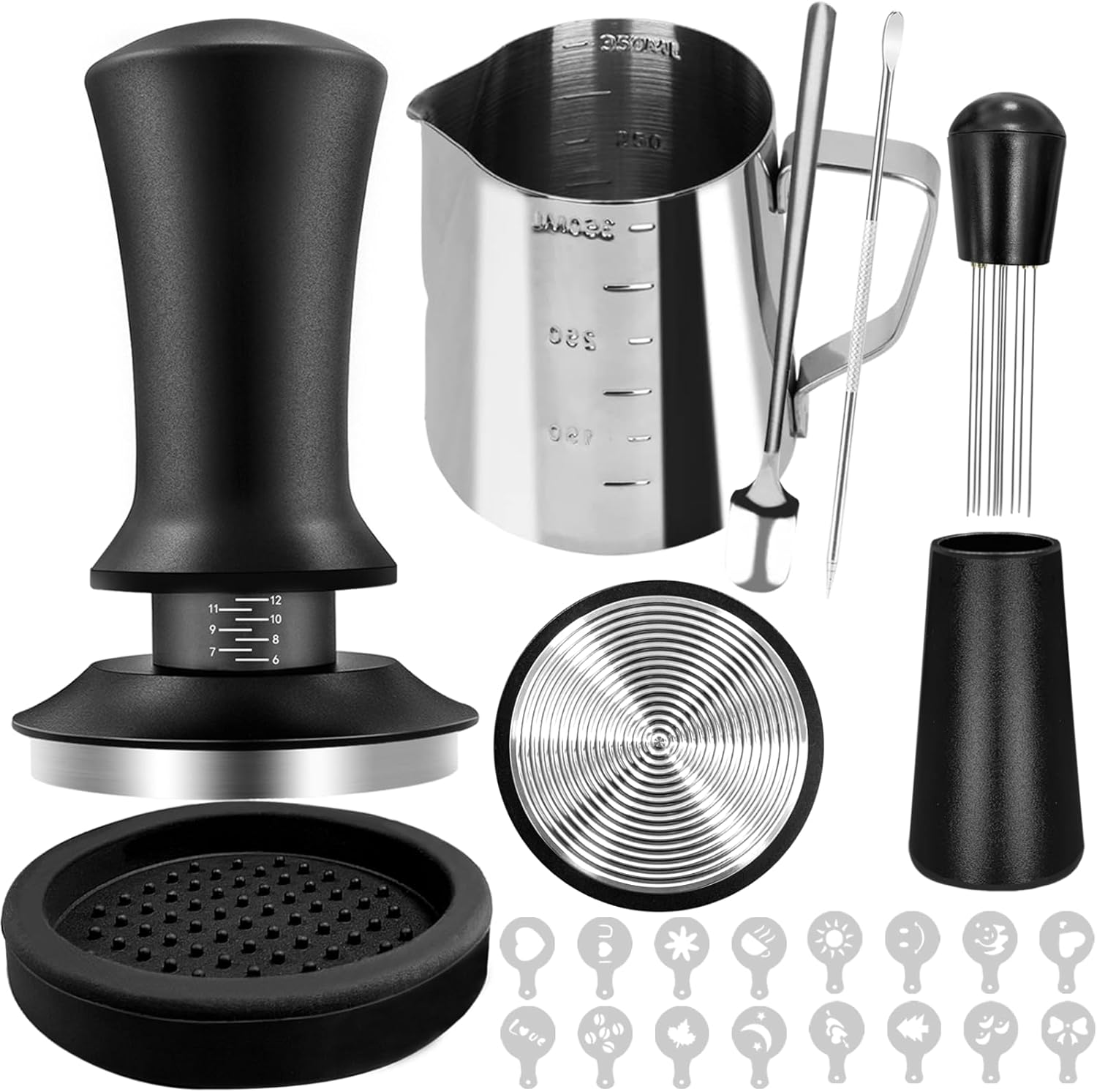53 mm Coffee Tamper Set, 22 Pieces Espresso Tamper, 53 mm Espresso Tamper with Tamper Mat, Espresso Needle, Mixing Spoon, Frothing Jug, Latte Art Pen and Decorative Stencils, Espresso