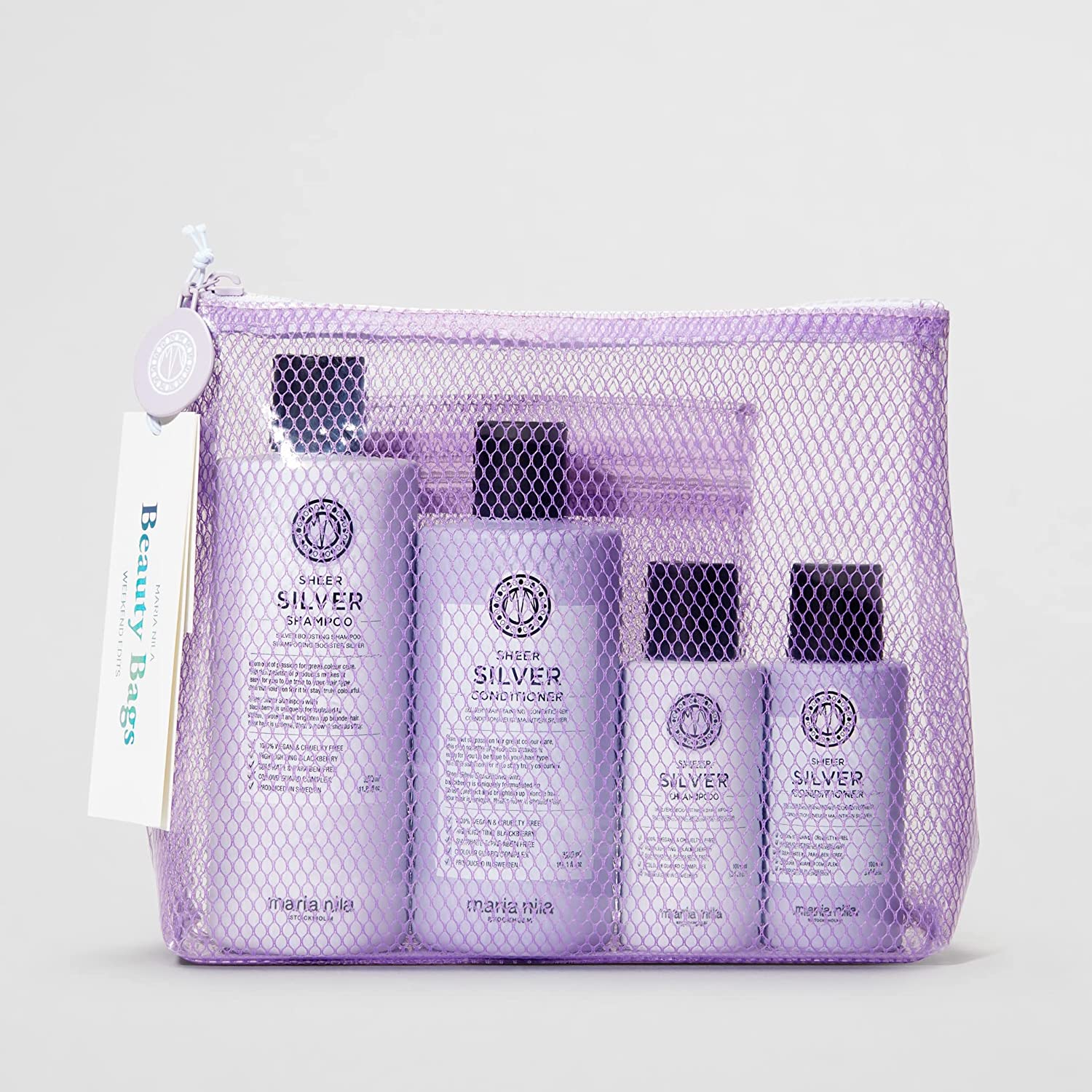 Maria Nila Hair Care Set Anti Yellow Tint Including Beauty Bag, Gift Set Silver Shampoo, Conditioner, No Yellow Hair Care Original Size Plus Travel Size for a Cool Blonde, ‎purple