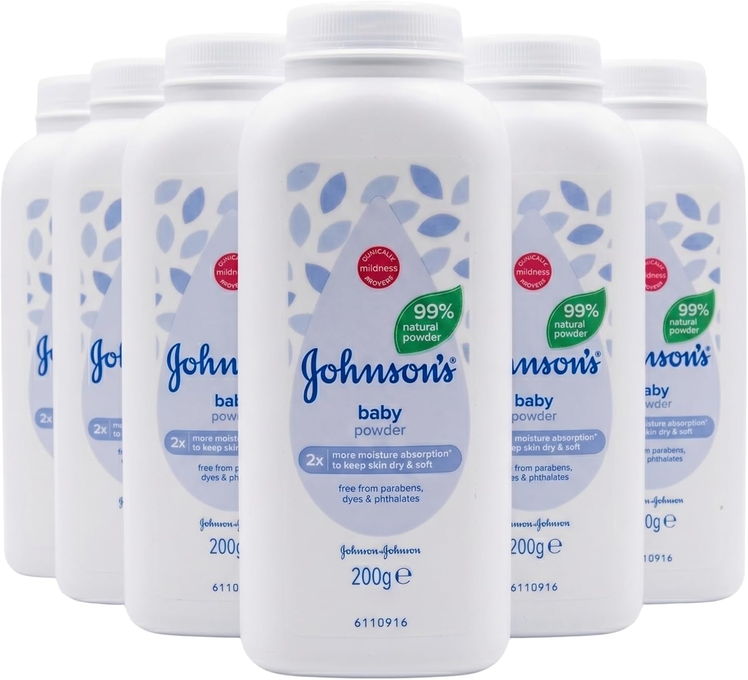 Johnson's Baby Baby Powder 200g 6 Pack (6 x 200g) – Mild cornstarch powder for delicate baby skin, Clinically proven mild, Hypoallergenic, Free from parabens, phthalates & dyes, Value Pack