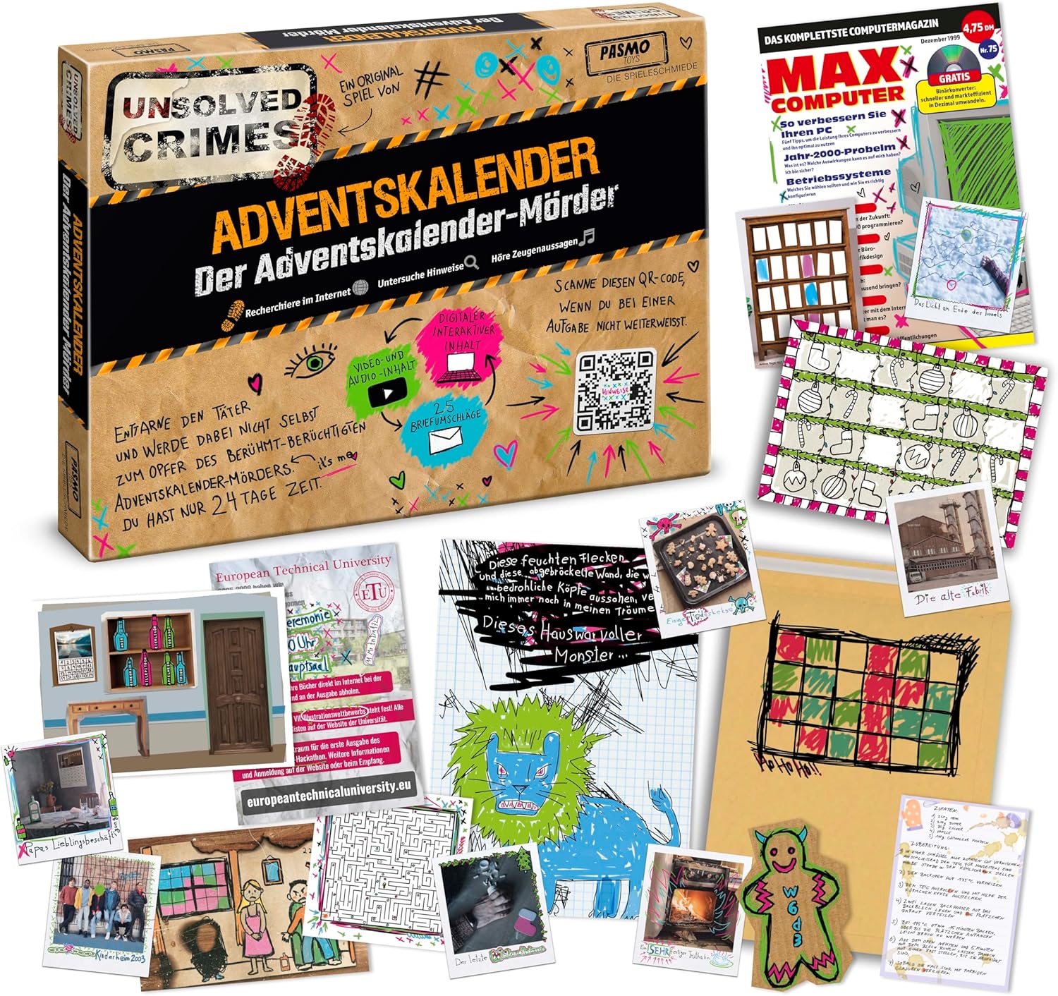 Pasmo Unsolved Crime Advent Calendar - Escape Game Toy Advent Calendar Boys with 24 Puzzles, German Language - Gift Boy 8 Years