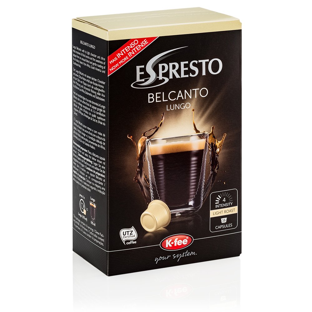 ESPRESTO Belcanto Coffee Capsules - Lungo Intensity 4/12, Compatible with K-fee, RFA Certified, 96 Capsules