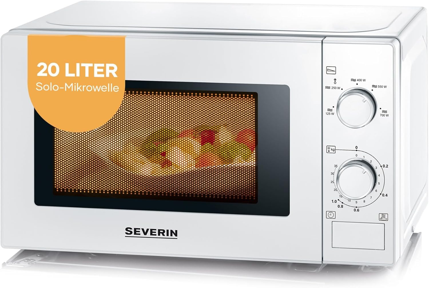 SEVERIN Solo Microwave for Defrosting and Heating, Microwave Oven with Turntable for Even Heat Distribution, 20 L, White/Chrome, MW 7770