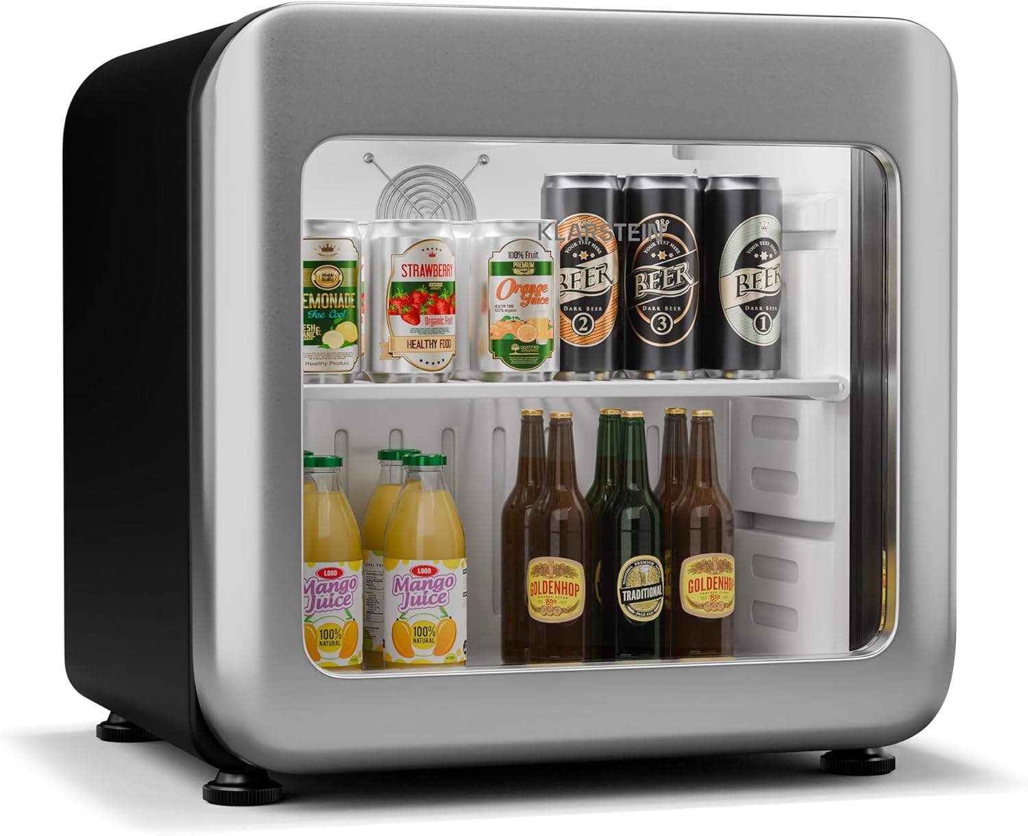 Klarstein Audrey Evo Drinks Fridge with Glass Door - 46L Mini Fridge Retro Design Double Glazed Door LED Lighting 0-10°C Energy Class C Silver