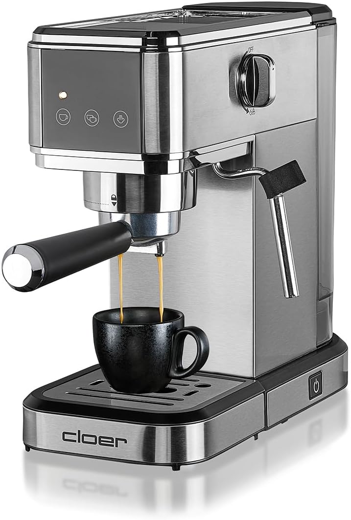 Cloer 5829 Espresso Strainer Machine, Espresso Machine with Frother, 20 Bar, Slim Design, 1-2 Cups Espresso, Cappuccino, Latte Macchiato, Safety Shut-Off, 1 Liter Water Tank, 1350 W