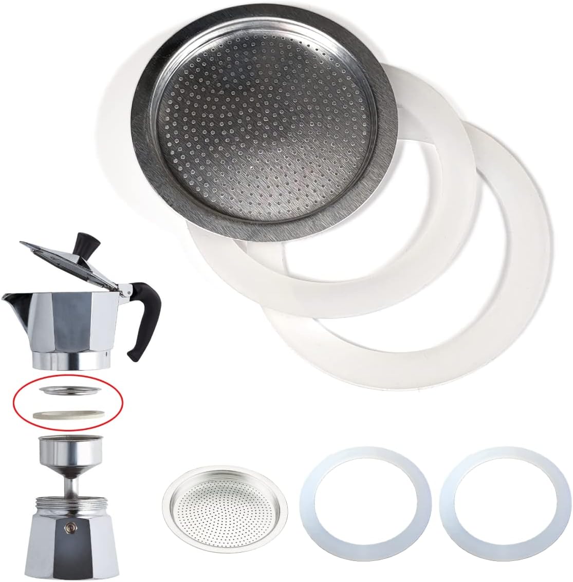 World Trade Seal and Filter Coffee Machine Universal for Mokka Replacement Parts (2 x Silicone Holder + 1 Filter) (6 TZZE) 49734